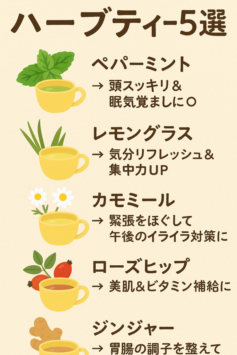 takuyasensei's tweet image. 日中にお勧めハーブティー5選
ペパーミント
→ 頭スッキリ&眠気覚ましに◎
レモングラス
→ 気分リフレッシュ&集中力UP
カモミール
→ 緊張をほぐして午後のイライラ対策に
ローズヒップ
→ 美肌&ビタミン補給に
ジンジャー
→ 胃腸の調子を整えて冷え防止も
好みとニーズで使い分けてみてね