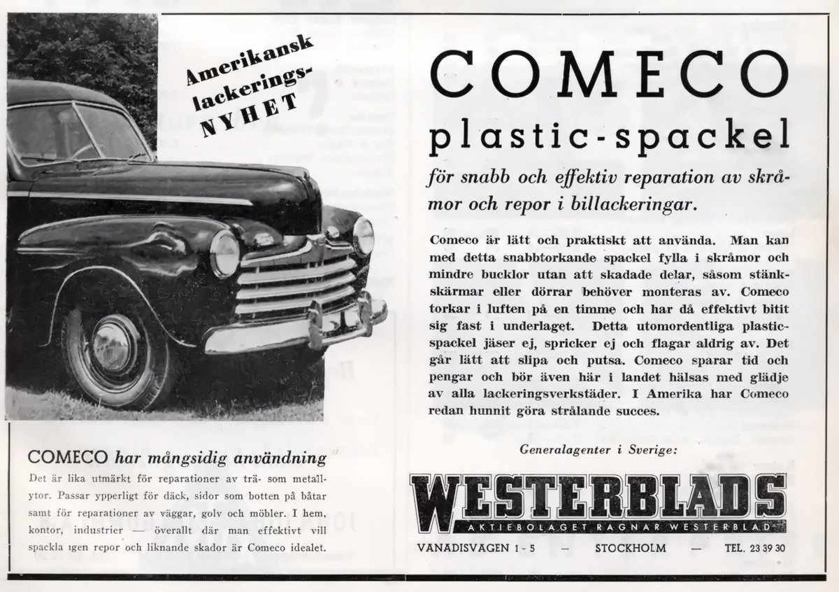 Nisseboxx's tweet image. COMECO plastic-spackel

#Bilverkstäderna -1947 Januari  #comeco #westerblads #ad #reklam