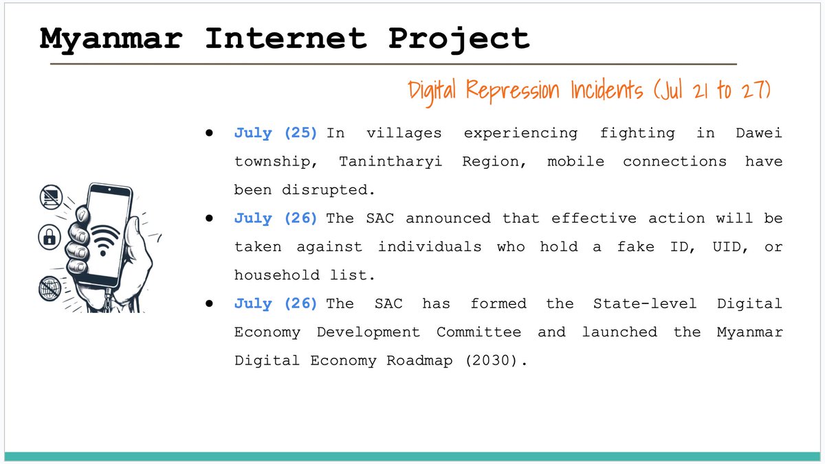 Digital Repression Incidents in Myanmar (July 21 to 27) 

#FOE 
#InternetShutDown 
#Surveillance 
#Digital_Repression 
#WhatsHappeningInMyanmar 
#KeepItOn 
Full Report &gt;&gt;&gt; myanmarinternet.info/digital-coup