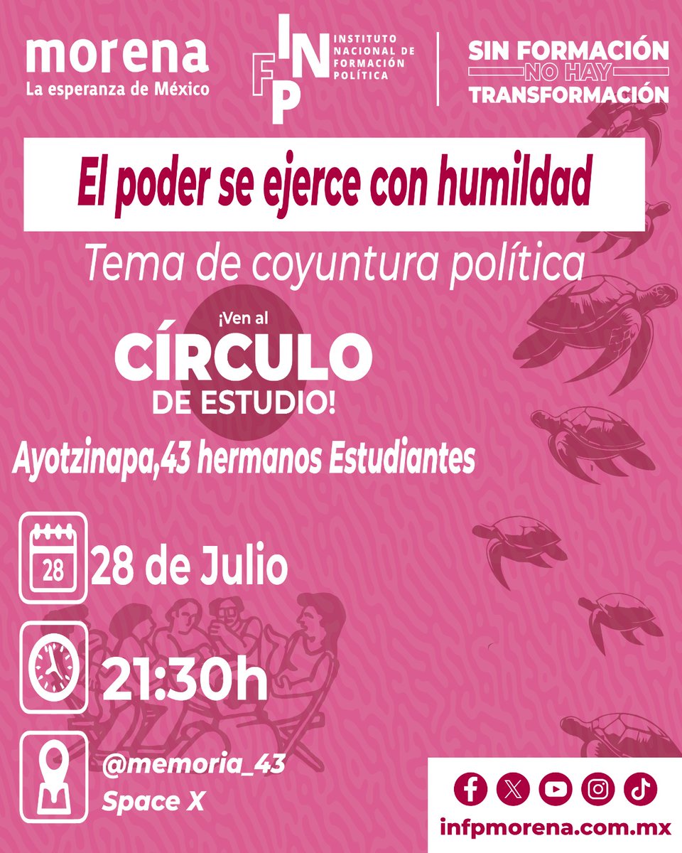 Súmate a la discusión del círculo de estudio "Ayotzinapa, 43 Hermanos Estudiantes”
El día de hoy 28 de Julio a las 21:30 h
🎙️🖥️ Únete a la discusión en estos momentos por Space en X :
<a href="/memoria_43/">Círculo d Estudio: Ayotzinapa, 43 Hnos Estudiantes</a>
x.com/memoria_43
#FormarParaTransformar