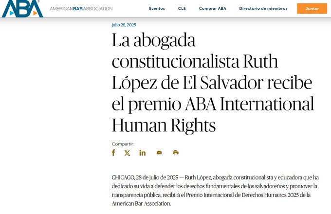 #ULTIMAHORA  Informan que Ruth Eleonora López
<a href="/Ruth_Lopez1977/">Ruth Eleonora López #DerechoElectoral</a>  de <a href="/Cristosal/">Cristosal</a>  recibirá el Premio Internacional de #DerechosHumanos   2025 de la
<a href="/ABAesq/">American Bar Association</a> 🛑La abogada #RuthLópez es prisionera de #BukeleDictador  #JusticiaparaRuth #ElSalvador  #LibertadDeExpresion  #bukelecorrupto