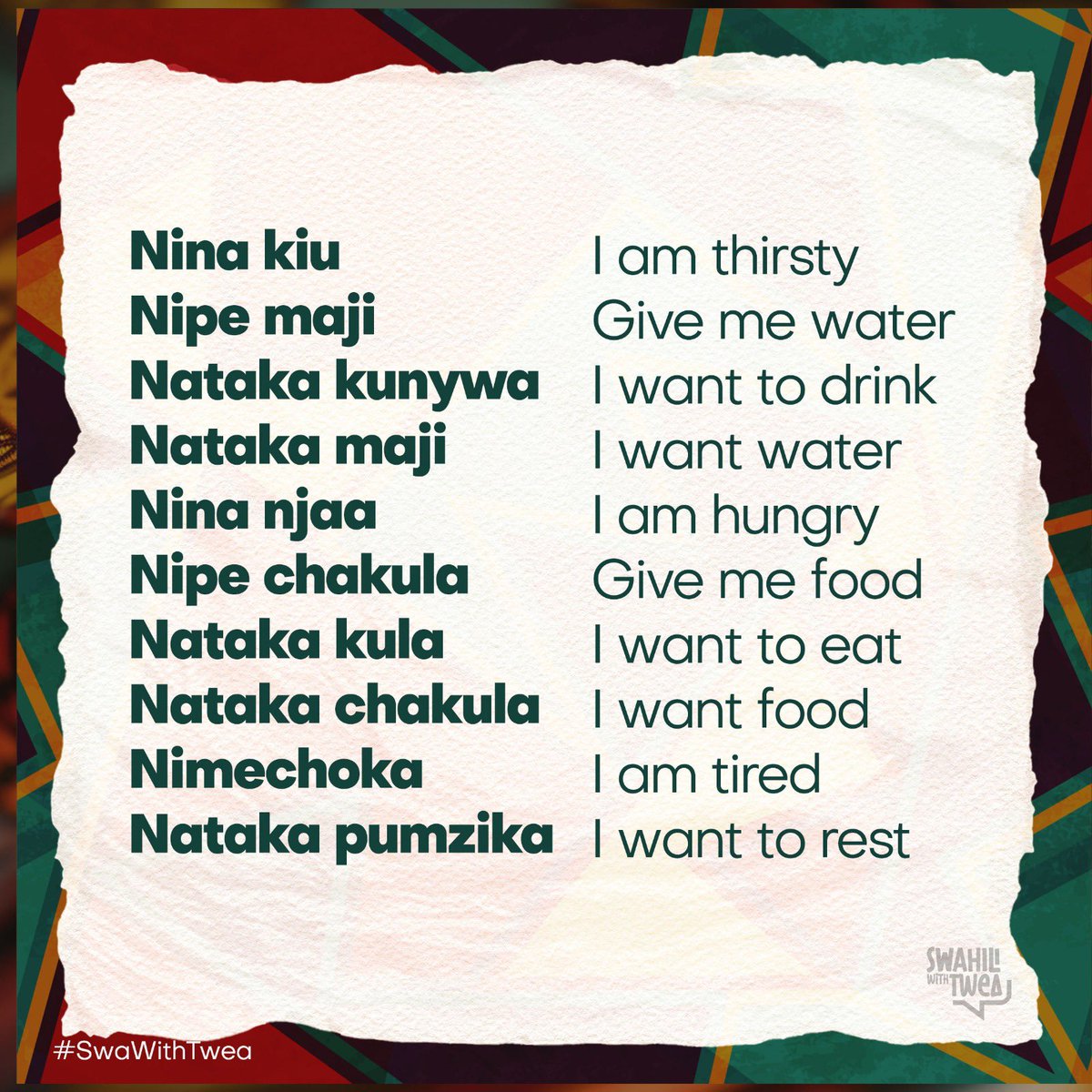 KiswahiliNaTwea's tweet image. Hamjambo
Expand your #Swahili diction
#SwaWithTwea
