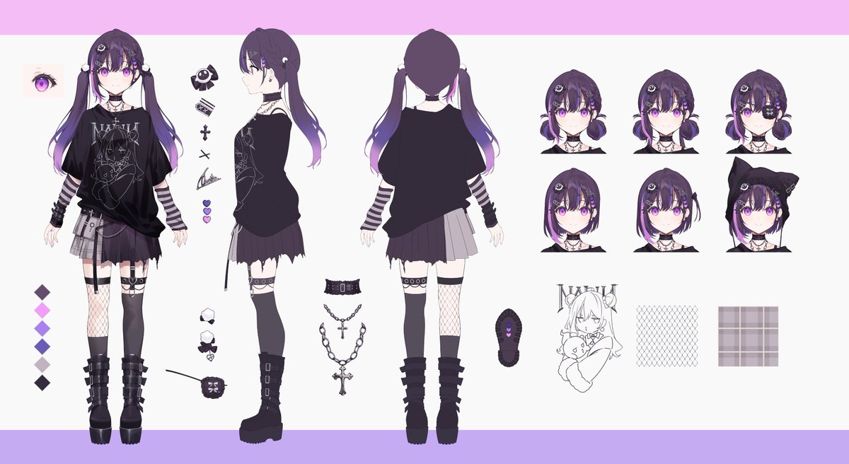 【 character design 】
here's my new outfit reference sheet by the amazing <a href="/necomi_info/">necömi</a> ♡ thank you always ママ！！

୨♡୧ #VSPOEN #narinAtelier 🌃🌷