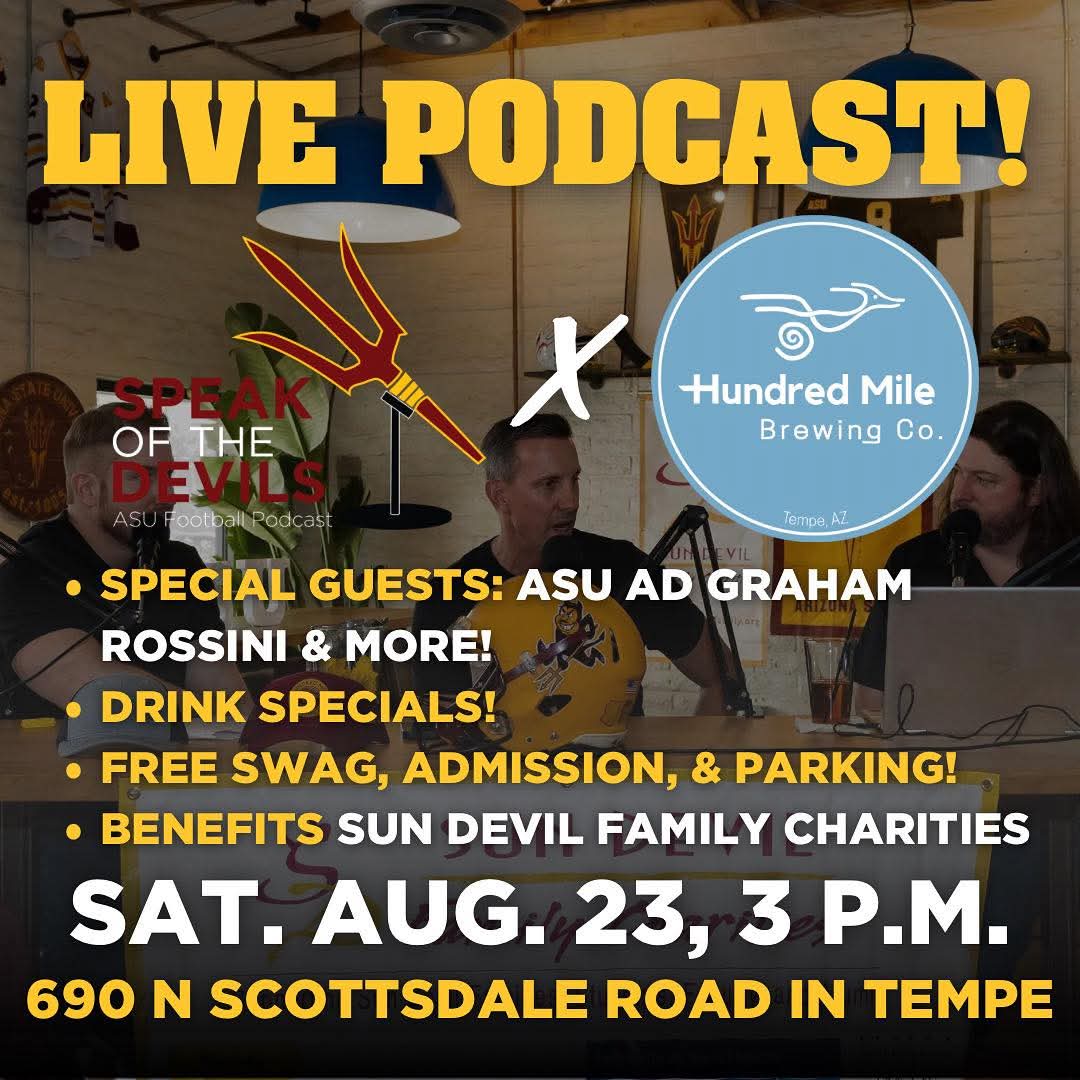 🚨 SUN DEVILS: SAVE THE DATE! 🚨

The tradition continues! Speak of the Devils Podcast  LIVE! 🎙️

Benefiting: Sun Devil Family Charities 

When: Sat. 8/23, 3 pm 
Where: <a href="/HundredMileBrew/">Hundred Mile Brewing</a>
Go Devils !

<a href="/ASU_Uniformity/">Uniformity</a> <a href="/crafty_devils/">crafty devils</a> <a href="/SotDPodcast/">Speak of the Devils</a> <a href="/TheVABC/">Valley Athletic Booster Club</a>
