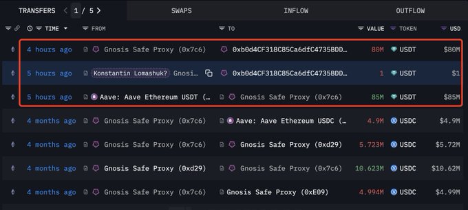 Transaction screenshot showing Konstantin Lomashuk borrowing 85M USDT from Aave
