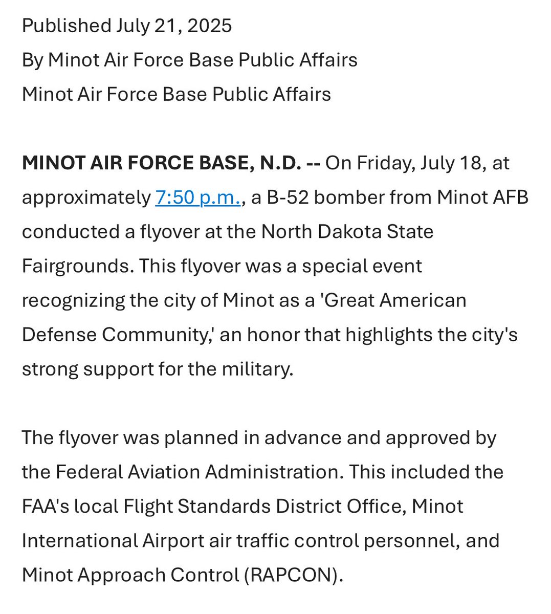 krisvancleave's tweet image. The Air Force says its Bomber was in touch with ATC leading up to its flyover and says the flyover was planned in advance. Adding—ATC never advised the bomber of an Airliner in the vicinity. FAA is investigating the potential close call Friday evening. Statement here ⬇️