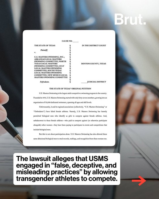 WallStreetMav's tweet image. Texas Attorney General Ken Paxton has filed a lawsuit against U.S. Masters Swimming (USMS) for allowing two transgender women to compete in a women’s event at a meet in San Antonio.