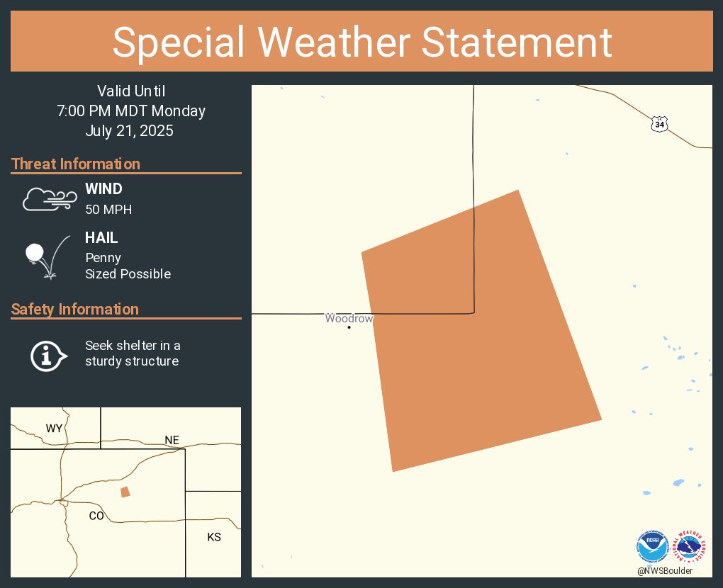 NWSBoulder's tweet image. A special weather statement has been issued for Washington County, CO until 7:00 PM MDT #COwx