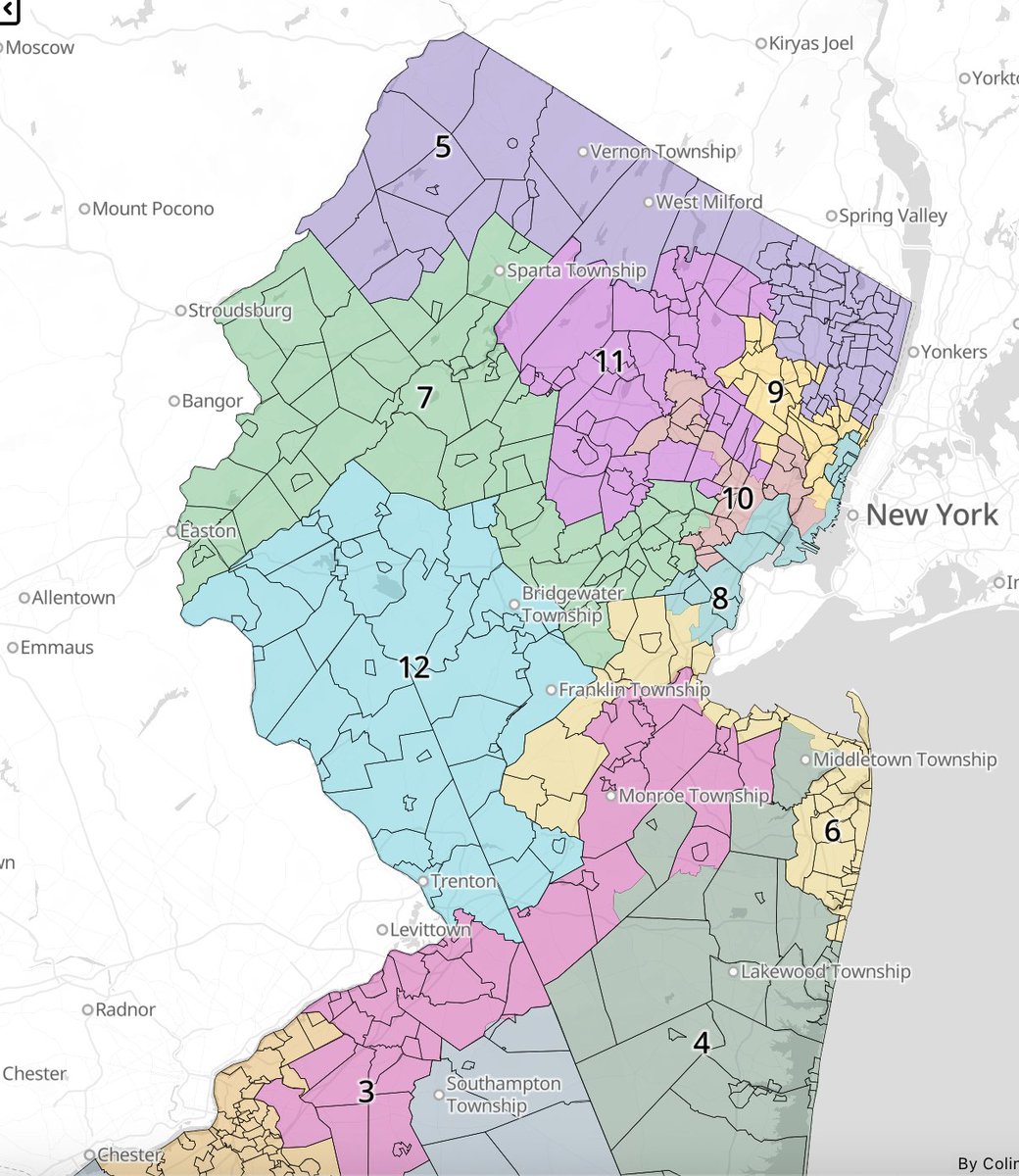umichvoter's tweet image. not a least change but 10-2 New Jersey map
Statewide:
Governor 2021 (Murphy +3)
President 2024 (Harris +6)
NJ-03 (Conaway): Harris +9 / Murphy +4
NJ-05 (Gottheimer): H +1 / M +1
NJ-06 (Pallone): H +9 / M +8
NJ-09 (Pou): H +5 / M +15
NJ-11 (Open): H +10 / M +5