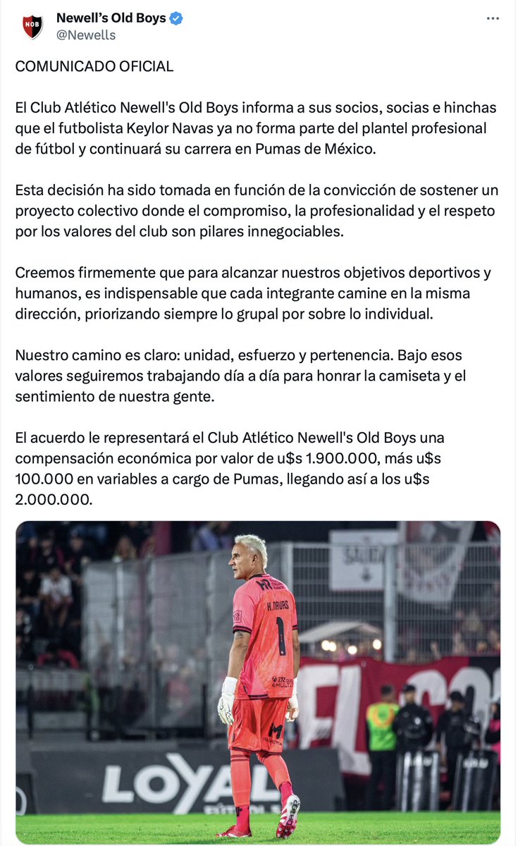 Así se despidió <a href="/Newells/">Newell’s Old Boys</a> la salida de <a href="/NavasKeylor/">Keylor Navas</a>
