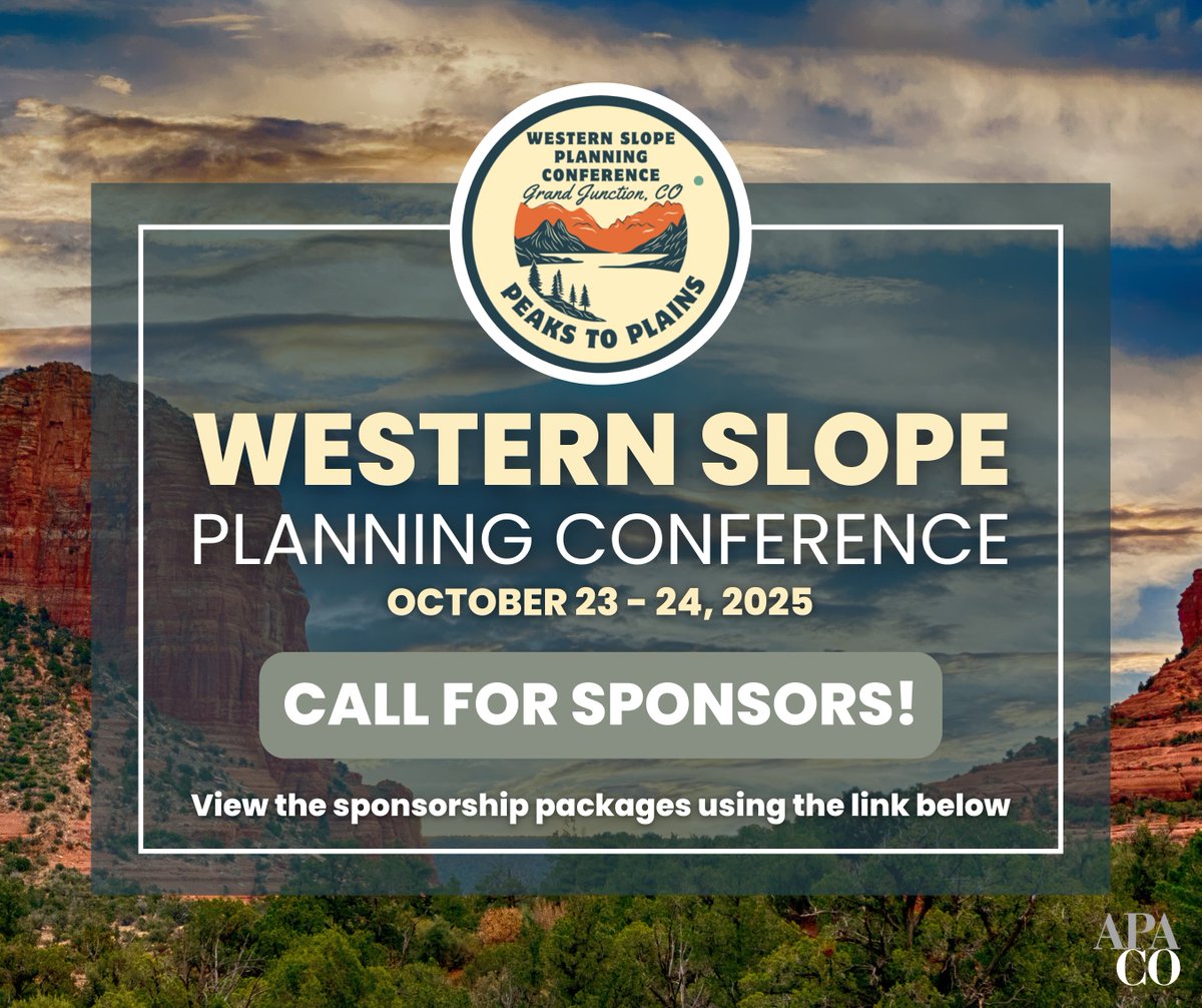 📣 Calling all sponsors!

Registration is now open for the Western Slope Planning Conference and it’s the perfect time to sponsor APA Colorado! Click here to explore the package options and choose how you'd like to support: colorado.planning.org/about/sponsors/