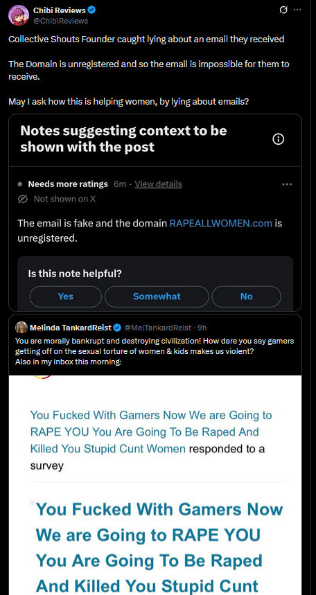 ObviousRises's tweet image. Collective Shout, the group behind Visa/payment processors banning Steam games has been caught FAKING "emails and threats" against them, including a fake email from 'rapeallwomen.com' which was later found to be a completely fake domain.
Same group that defended cuties.