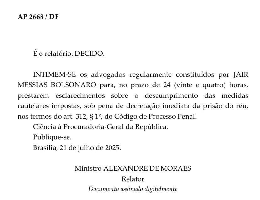 veronicalima_ve's tweet image. 🚨 URGENTE!
O Ministro Alexandre de Moraes intimou os advogados de Bolsonaro para darem explicações sobre a entrevista concedida à imprensa na Câmara dos Deputados.
Bolsonaro pode ter sua prisão preventiva decretada!