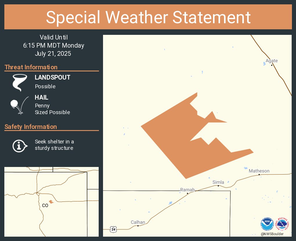 NWSBoulder's tweet image. A special weather statement has been issued for Elbert County, CO until 6:15 PM MDT #COwx