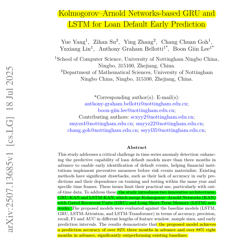 rohanpaul_ai's tweet image. Even tiny 500K samples hold enough signal for Loan Default Early Prediction.
Default risk flagged long before borrowers call.
KAN‑powered GRU and LSTM flag mortgage trouble with 92% accuracy 3 months ahead and still hold 88% 8 months out.
Classic time‑series models only…