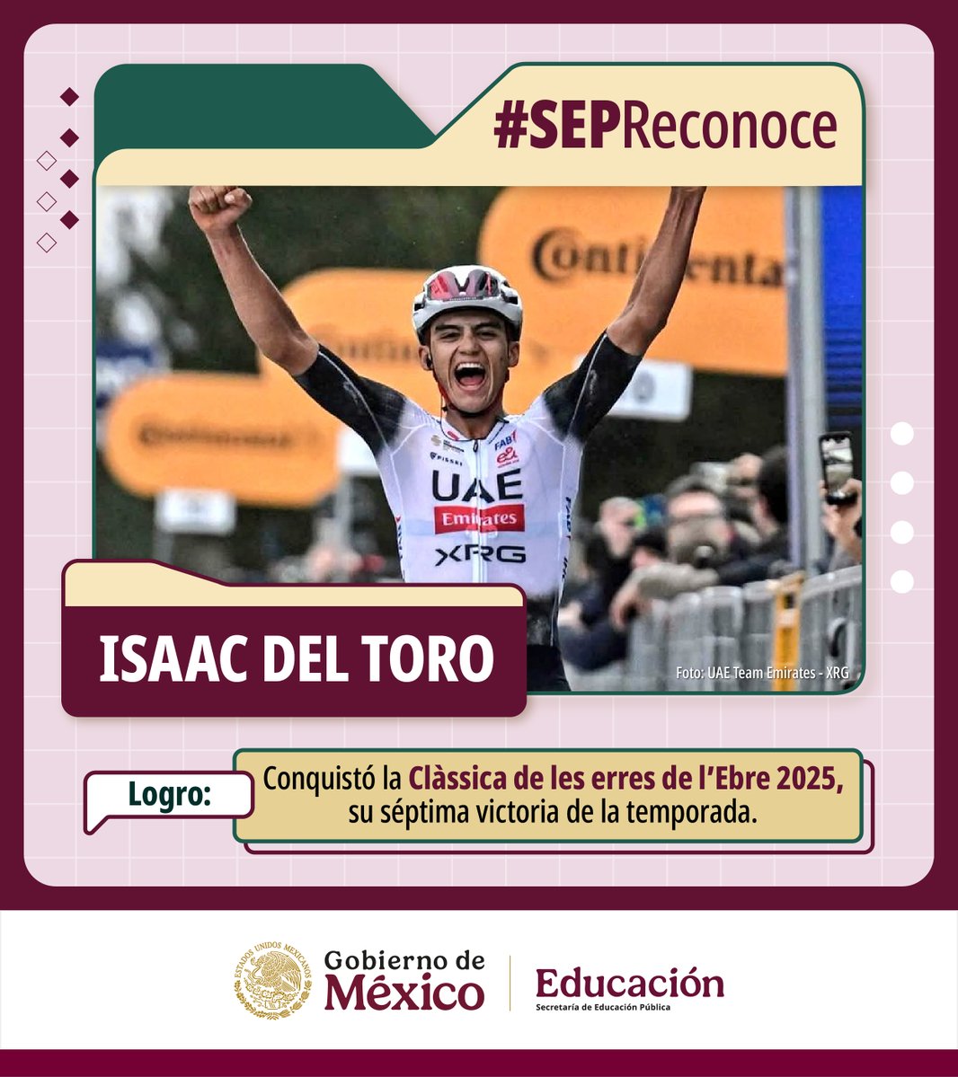 #SEPReconoce al ciclista mexicano #IsaacDelToro por su triunfo en la Clàssica de les Terres de l’Ebre 2025, en España. Con decisión y preparación, sigue poniendo en alto el nombre de #México. 🇲🇽🚴‍♂️

¡Una victoria que emociona a todas y todos! 🙌🏼🤩