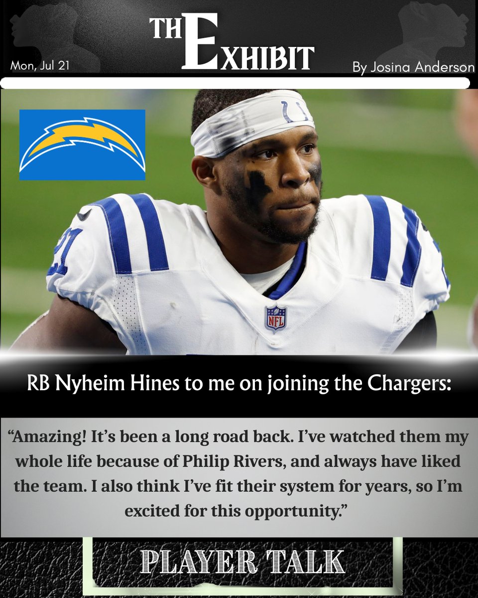 JosinaAnderson's tweet image. Just received a message from running back Nyheim Hines on reaching an agreement today with the #Chargers, after a knee injury kept him from playing 2 seasons.