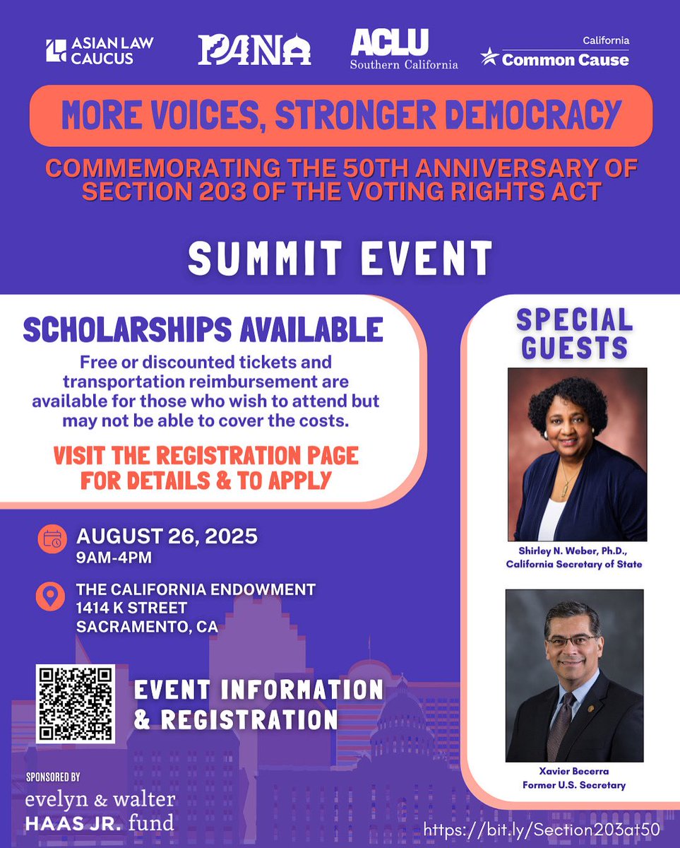 CACommonCause's tweet image. Join us this August as we commemorate the 50th Anniversary of Section 203 of the Voting Rights Act, and spotlight the ongoing movement for language justice and inclusion in our U.S. Democracy.
Use this link to register🔗: bit.ly/Section203at50