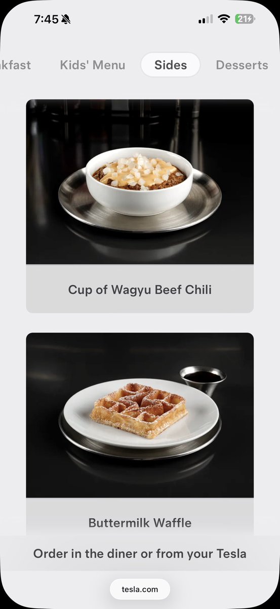 NotATeslaApp's tweet image. Check out the full Tesla Diner menu
tesla.com/diner-webapp/m…