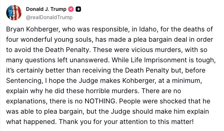 CoffindafferFBI's tweet image. Bryan Kohberger got such a sweetheart deal that even the President noticed.
Kohberger was never forced to take accountability for his crime by saying what he did in his own words.
He didn't debrief with LE. He didn’t even have to say where he put the knife and his bloody…