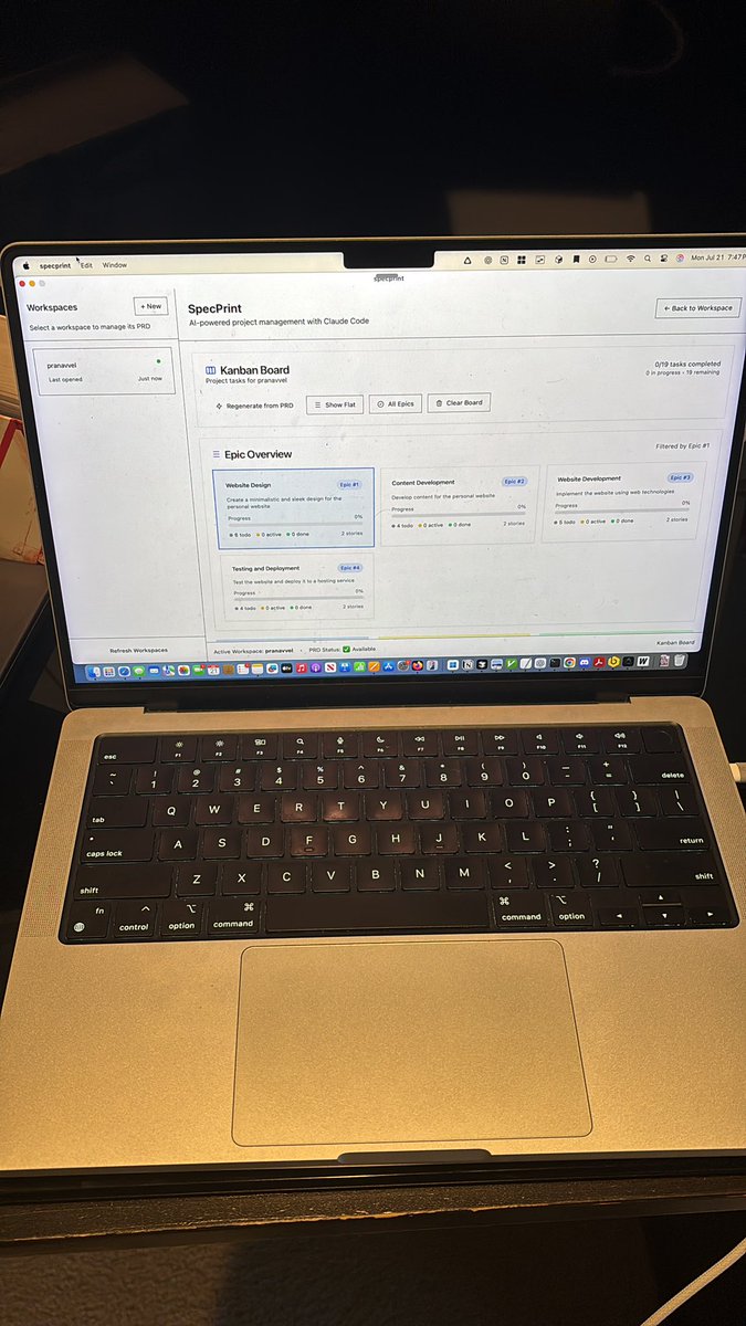 DAY 1 of building in public 

Sick of writing 💩 code with AI 

I’m bringing my spec-driven workflow to the UI as a desktop client 

Clone your repo, input a PRD, generate a Kanban board with Epics &gt; Stories &gt; Tasks, and then start kicking off tasks with Claude Code instances

I