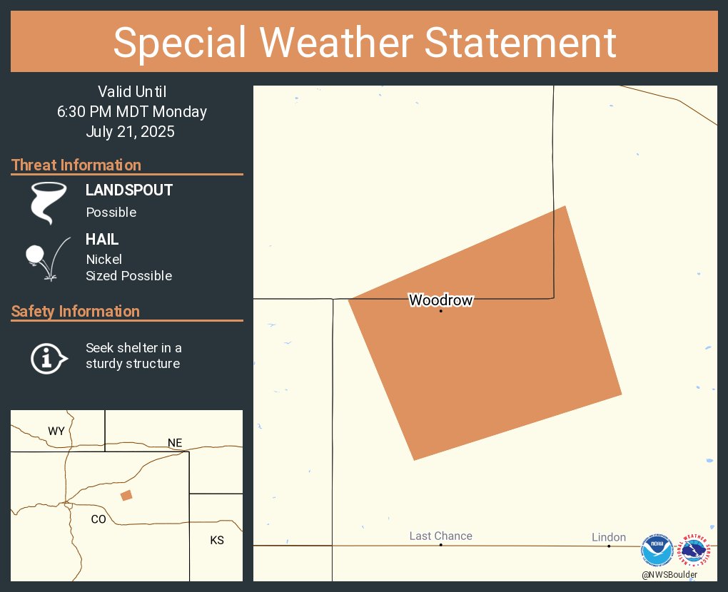 NWSBoulder's tweet image. A special weather statement has been issued for Woodrow CO until 6:30 PM MDT #COwx