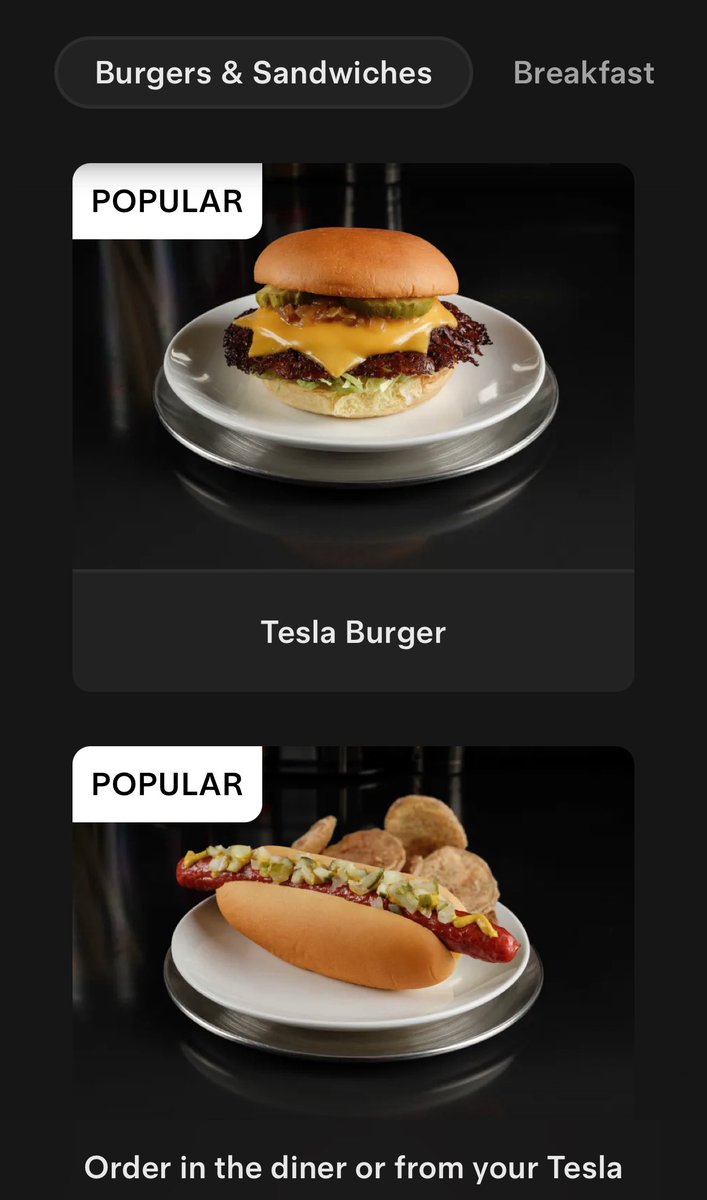 DriveTeslaca's tweet image. Tesla has launched a new Tesla Diner website, with information on the diner, charging, movies, merchandise, and more.
It also includes the full Diner menu.
More at tesla.com/tesla-diner
