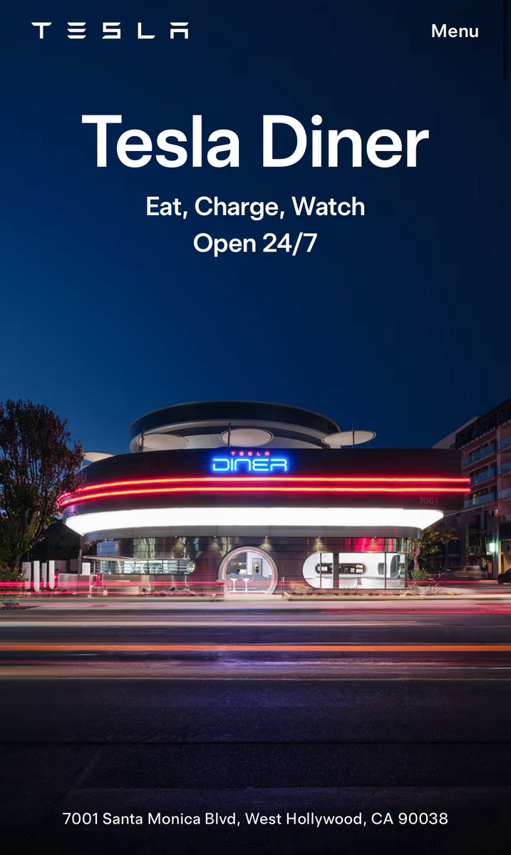 DriveTeslaca's tweet image. Tesla has launched a new Tesla Diner website, with information on the diner, charging, movies, merchandise, and more.
It also includes the full Diner menu.
More at tesla.com/tesla-diner