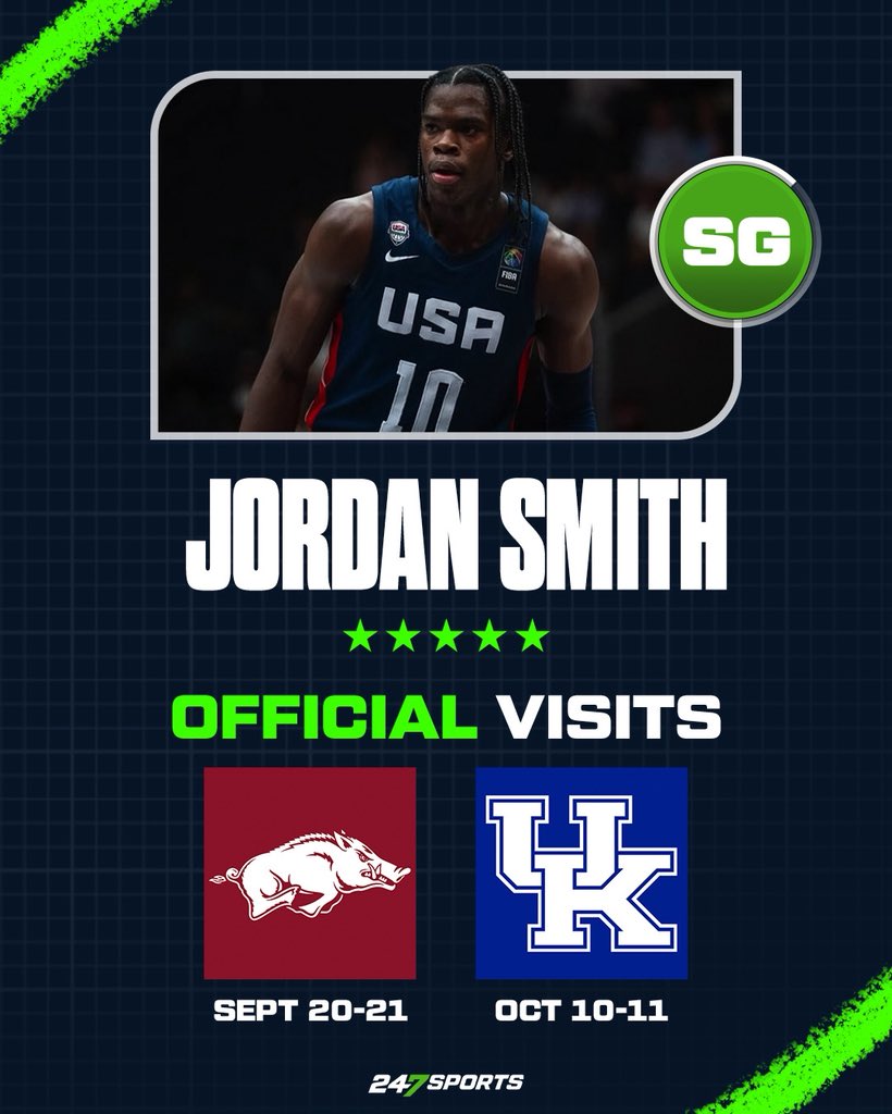 DushawnLondon1's tweet image. Recruiting News: Jordan Smith Jr., the No. 2 overall prospect in the class of 2026, has locked in official visits to Kentucky and Arkansas, @247Sports is told.
Arkansas: September 20-21st
Kentucky: October 10-11th
247sports.com/player/jordan-…
