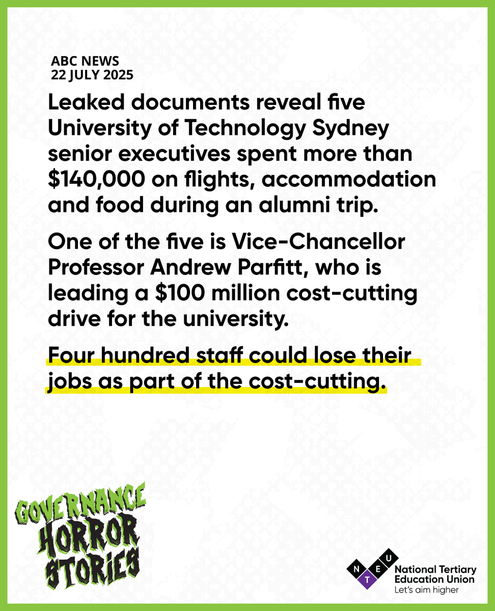 NTEUnion's tweet image. “It’s deeply shocking at a time when a university is crushing the livelihoods of a significant proportion of staff.” NTEU National President @AlisonBarnes25 @NTEUNSW
Join our campaign to end bad governance for good: betterunis.nteu.au
Read more: abc.net.au/news/2025-07-2…