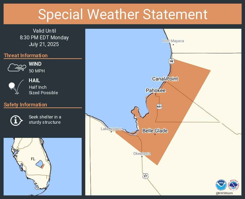 NWSMiami's tweet image. A special weather statement has been issued for Belle Glade FL, Pahokee FL and South Bay FL until 8:30 PM EDT