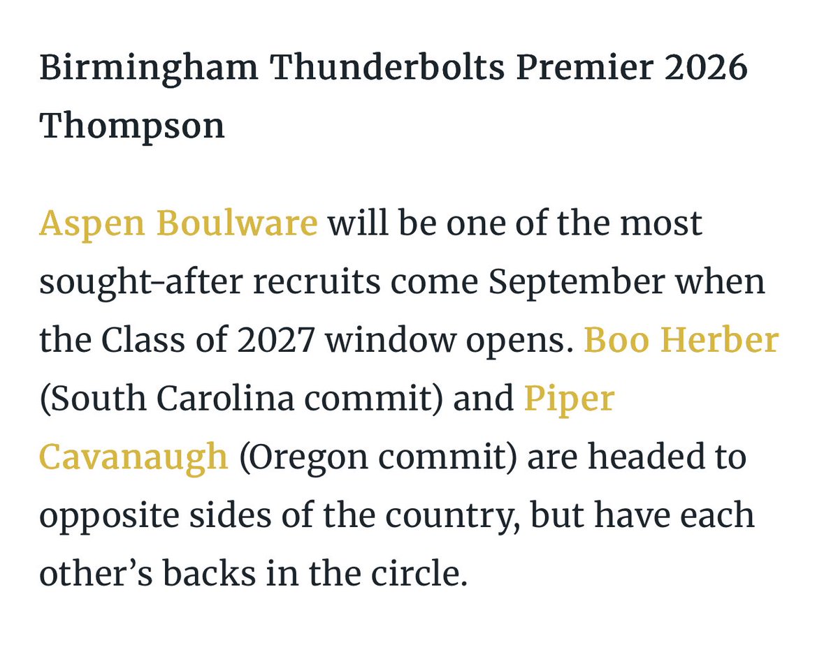 Boo Herber 2026 RHP (@booherber) on Twitter photo Absolutely 🤩 Going to give it all we got! <a href="/2026Birmingham/">Birmingham Thunderbolts Premier 2026- Thompson</a> ⚡️💜🦈 <a href="/GamecockSoftbll/">South Carolina Softball</a>
Thanks for the shout-out <a href="/SoftbalAmerica/">Softball America</a> <a href="/AspenBoulware/">Aspen Boulware</a> ⭐️ <a href="/pipercav/">Piper Cavanaugh 2026</a> 🦆 Absolutely 🤩 Going to give it all we got! <a href="/2026Birmingham/">Birmingham Thunderbolts Premier 2026- Thompson</a> ⚡️💜🦈 <a href="/GamecockSoftbll/">South Carolina Softball</a>
Thanks for the shout-out <a href="/SoftbalAmerica/">Softball America</a> <a href="/AspenBoulware/">Aspen Boulware</a> ⭐️ <a href="/pipercav/">Piper Cavanaugh 2026</a> 🦆