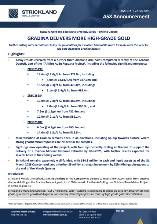 The Gradina deposit continues to shape up as a key driver of resource growth at our Rogozna project, delivering more high-grade assay results from the latest three diamond holes including 19.6m at 7g/t Au from 377m. 

ow.ly/Ga4X50Wt0oi

$STK #gold #Rogozna #Serbia