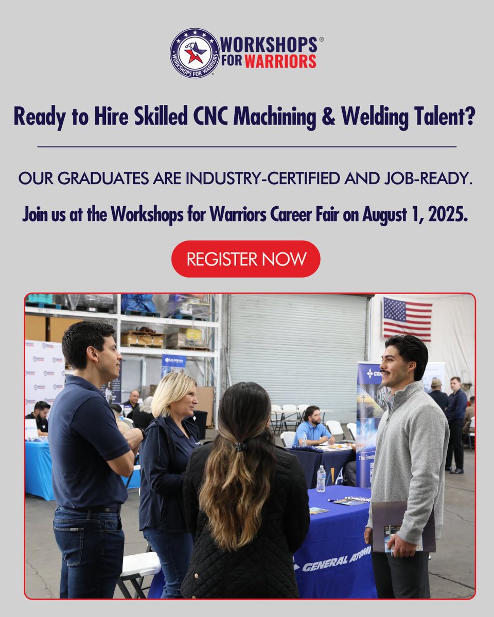 Looking to hire skilled, dependable talent?
Our Workshops for Warriors graduates are industry-certified &amp; ready to contribute on day one in CNC machining &amp; welding.
📅 August 1, 2025
📍 San Diego, CA
💼 Build your team. Empower a veteran.
👉 Register here: bit.ly/44VILq6