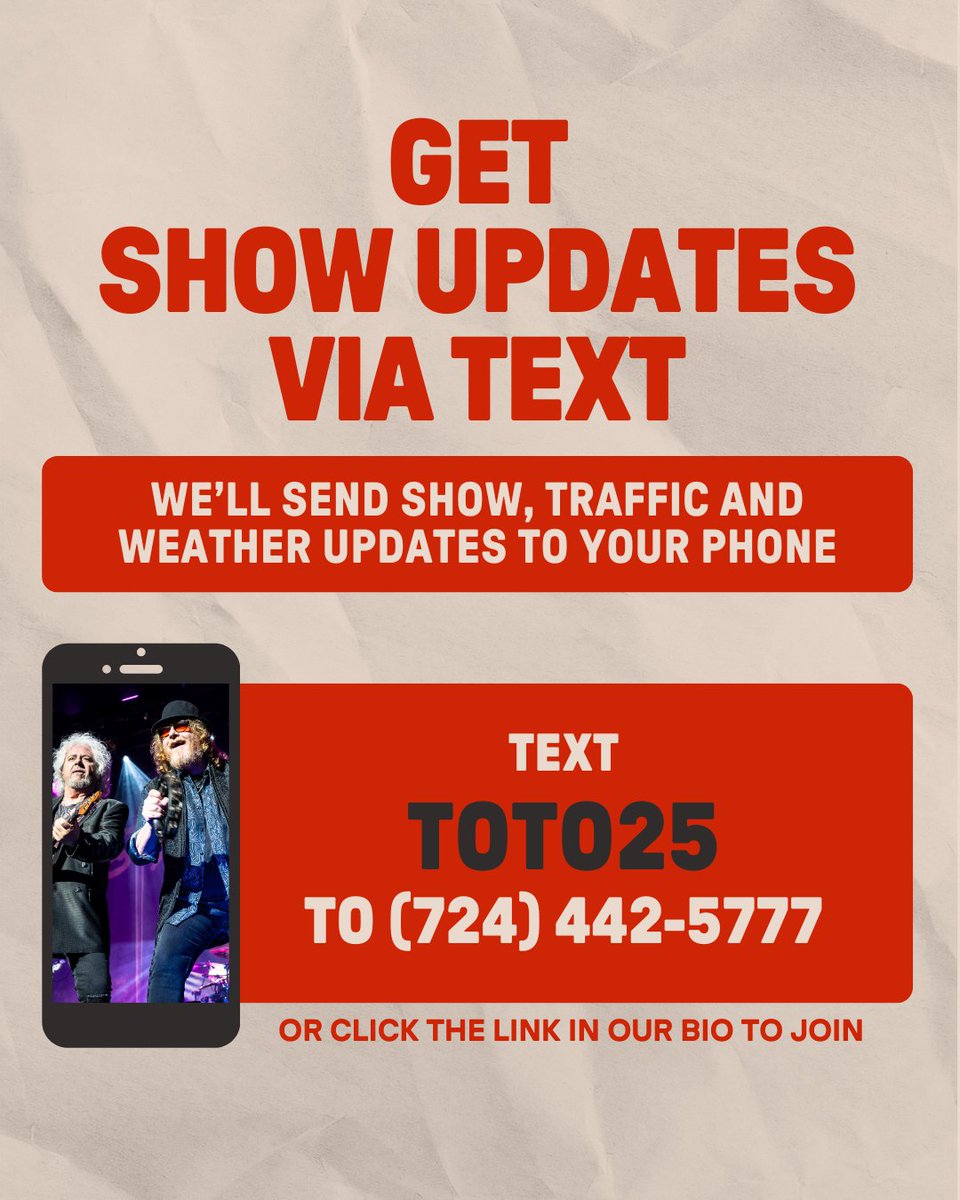 Pav_StarLake's tweet image. 🎶 THURSDAY 7/24 – Toto + Christopher Cross w/ Men At Work 🎶
🎟️ livemu.sc/4kTGxxv
⭐Upgrades: livemu.sc/4nYtkWH
☀️ Elevated Temp. Warning!
📲 Text TOTO25 to 724-442-5777 and we'll send show updates to your phone
👉 Got questions?