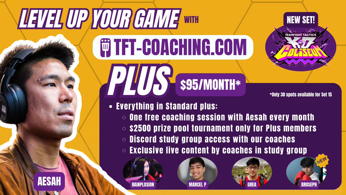Aesah (@aesahtft) on Twitter photo Welcome <a href="/BrosephTft/">BrosephTFT</a> to the TFT Coaching Plus crew!
Feedback for Plus has been overwhelmingly positive with many surpassing their peak LPs after joining. Credit goes to the motivated players, but I genuinely believe there is no better way to quickly improve at TFT.
(1/2) Welcome <a href="/BrosephTft/">BrosephTFT</a> to the TFT Coaching Plus crew!
Feedback for Plus has been overwhelmingly positive with many surpassing their peak LPs after joining. Credit goes to the motivated players, but I genuinely believe there is no better way to quickly improve at TFT.
(1/2)