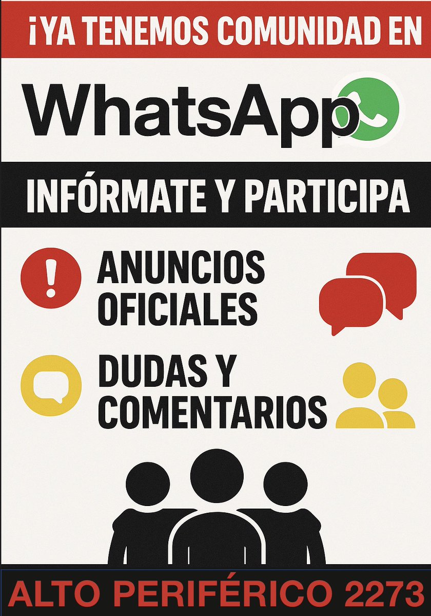 alto2273's tweet image. ¡Ya tenemos comunidad en WhatsApp! Súmate al movimiento vecinal contra el megaproyecto de Periférico 2273.
Anuncios oficiales
Espacio para dudas y comentarios
Unete aquí: chat.whatsapp.com/EFpfrsRUcJB16p…
Infórmate, participa y comparte con tus vecinos. ¡La fuerza está en la comunidad!…