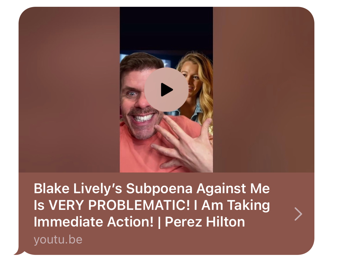 PerezHilton's tweet image. #BlakeLively’s subpoena against me is VERY PROBLEMATIC! I am taking immediate action! Just now: youtu.be/fFJ5gBxq6c4