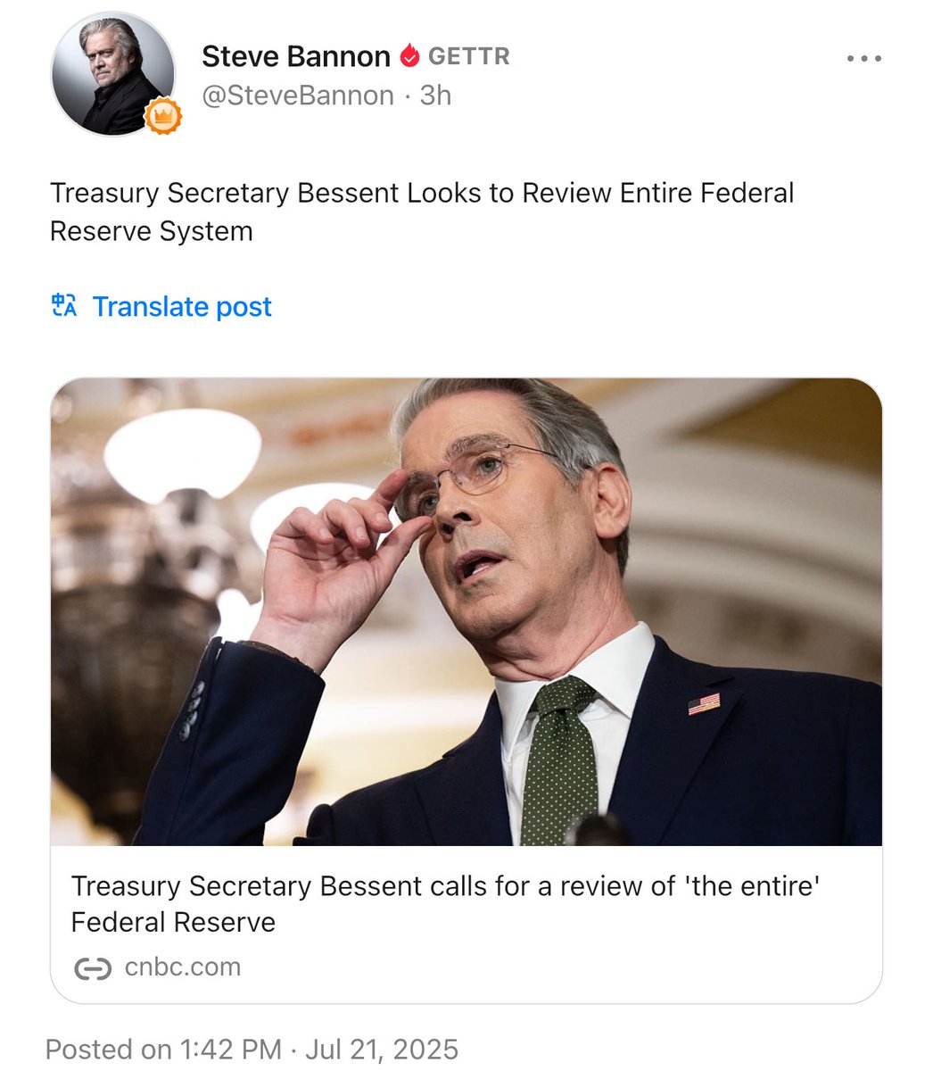 gc22gc's tweet image. Treasury Secretary Bessent Looks to Review Entire Federal Reserve System
cnbc.com/2025/07/21/tre…
