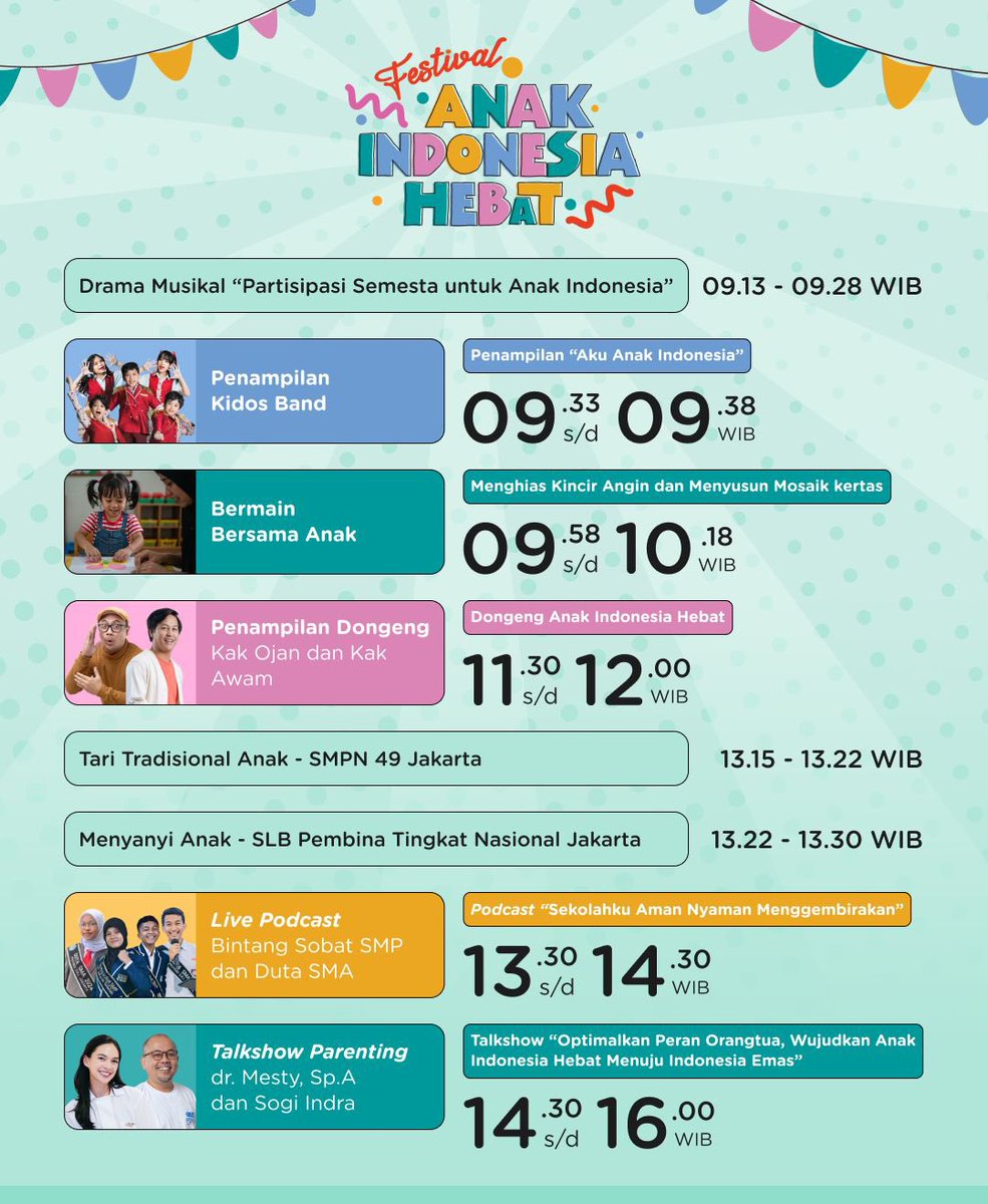 Festival Anak Indonesia Hebat hadir sebagai perwujudan partisipasi semesta dalam mengantarkan anak hebat Indonesia menjadi generasi emas.

Yuk, catat waktu dan tempatnya!

⏰Pukul 09.00 s.d. 11.30 WIB, Siaran Langsung Youtube Ditjen Paud Dikdasmen
youtube.com/live/2xe3hN9F7…