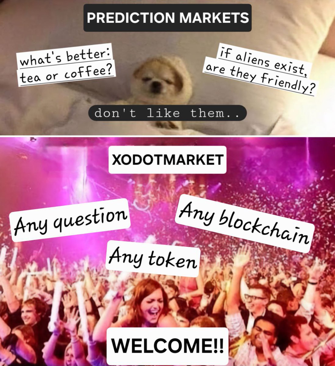 Demoxe's tweet image. Not sure whether to choose prediction markets or conviction markets? Let me help!
If you want to:
* trade on niche, community-driven questions
* freely propose your own markets
* use any blockchain or token
Then the answer is obvious: welcome to @xodotmarket