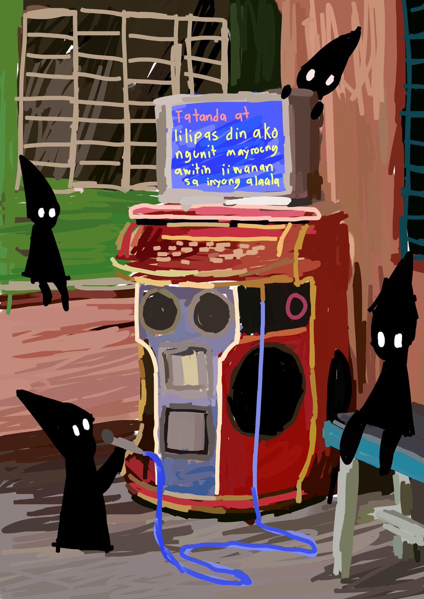 iniemohk's tweet image. a group of gnomes discover the popular Filipino pastime of singing karaoke songs at 6 in the morning in the most out of tune voice, waking up the neighbors