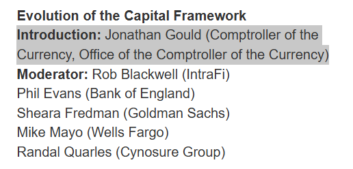 bank_reg's tweet image. Per an updated agenda published today, both Acting FDIC Chair Hill and Comptroller of the Currency Gould will now be speaking at tomorrow's Fed capital conference federalreserve.gov/conferences/in…