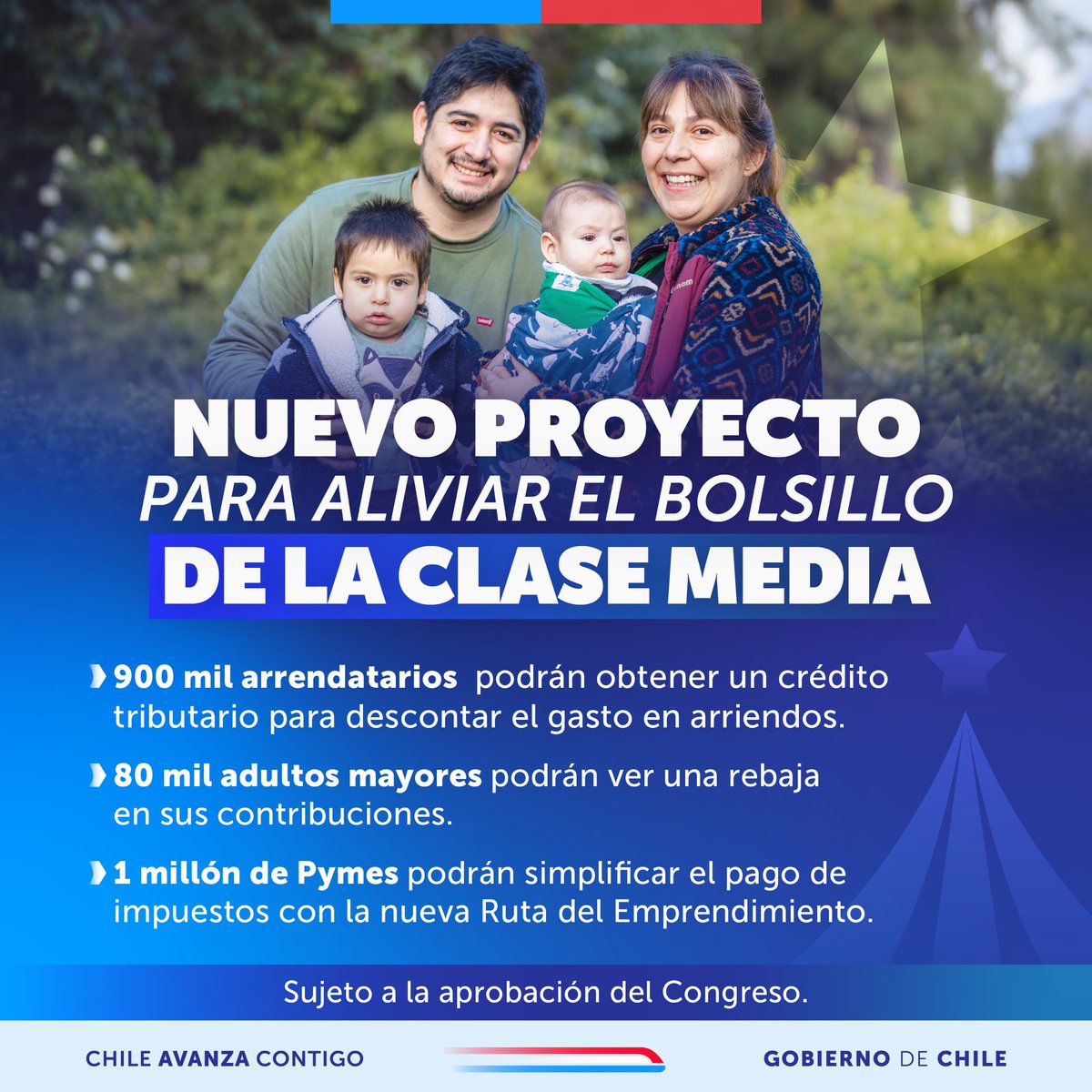 🏠Ingresaremos un proyecto de ley a la Cámara de Diputadas y Diputados que apoyará directamente a la clase media con alivios tributarios para ✅ arrendatarios, ✅adultos mayores y ✅Pymes.