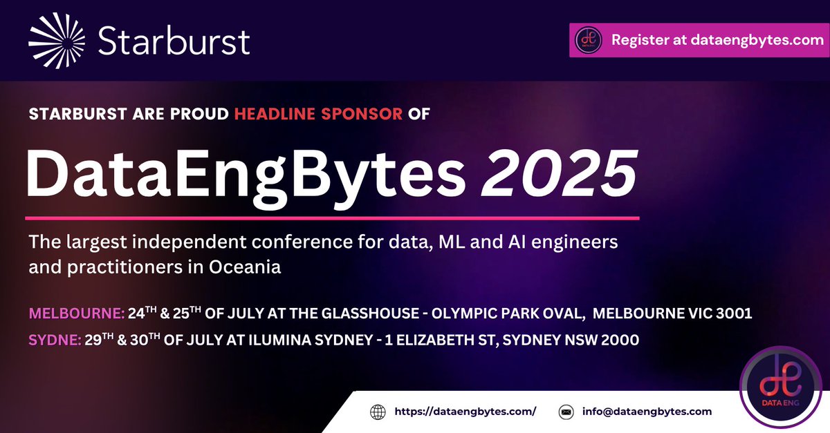🚀 DataEngBytes is coming to 🇦🇺 Melbourne &amp; Sydney!

Catch <a href="/LesterMartinATL/">Lester Martin</a> sharing how to build Trino data pipelines (SQL/Python) + a hands-on medallion architecture workshop using Starburst Galaxy.

🎟️: okt.to/LjRGeZ

 #DataEngBytes #Trino #DataEngineering #Starburst