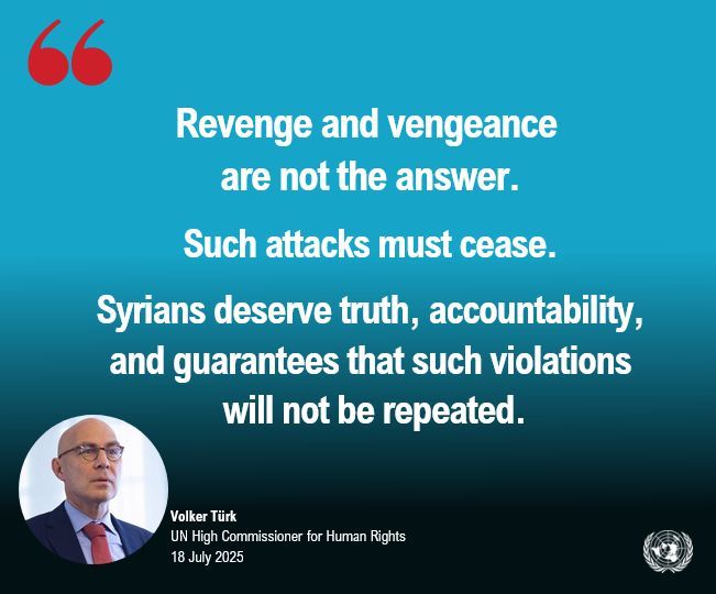 UNGeneva's tweet image. .@UNHumanRights Chief @volker_turk calls for immediate steps to ensure protection of people in Suweida and across #Syria.
“Syrians deserve truth, accountability, and guarantees that such violations will not be repeated.”
buff.ly/jy0GkCs