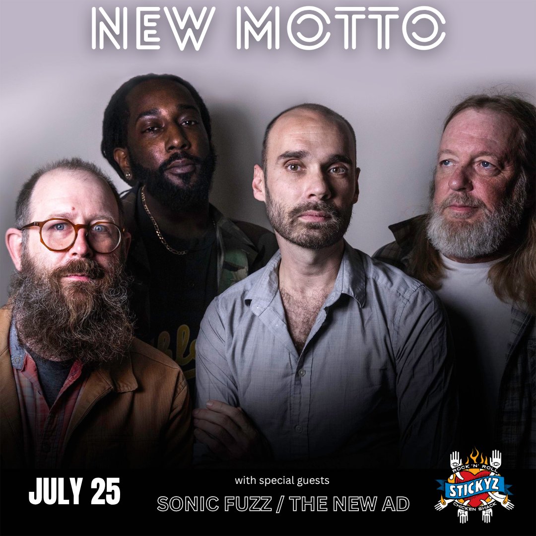 Triple header of original indie rock bands hitting the stage here on Friday night. New Motto will be closing it out with equally killer sets going down from (one of our new favorites) Sonic Fuzz as well as Thee New A.D. (making their Stickyz debut). Showtime 8pm y'all