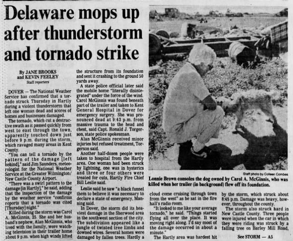 tornado_talk's tweet image. Hartly, DE F2 #Tornado – July 21, 1983!
The deadliest tornado of the day struck northern Hartly, DE. Two women were killed in separate mobile homes as the F2 tornado tracked about a mile along Route 44. Homes and barns were damaged, vehicles blown off roads, and debris…