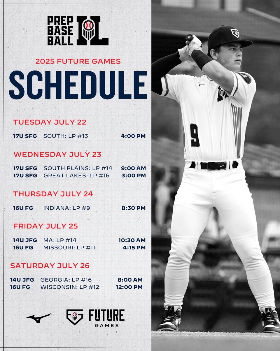 𝗙𝘂𝘁𝘂𝗿𝗲 𝗚𝗮𝗺𝗲𝘀: 𝗜𝗹𝗹𝗶𝗻𝗼𝗶𝘀 𝗦𝗰𝗵𝗲𝗱𝘂𝗹𝗲 📅

The full game schedule for every Illinois team headed down to the Prep Baseball Future Games this week.

🔗 loom.ly/DdjUvDs | @PrepBaseball