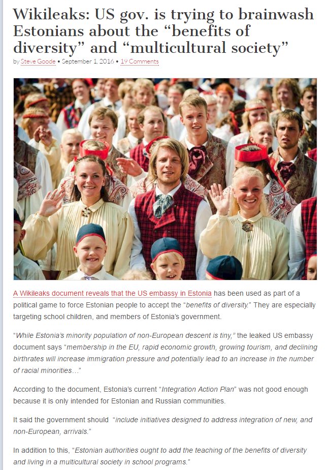 jesusverduzcojr's tweet image. 2016 — A Wikileaks document reveals that the US embassy in Estonia has been used as part of a political game to force Estonian people to accept the &quot;benefits of diversity.&quot; They are especially targeting school children, and members of Estonia&apos;s government. #memoryhole